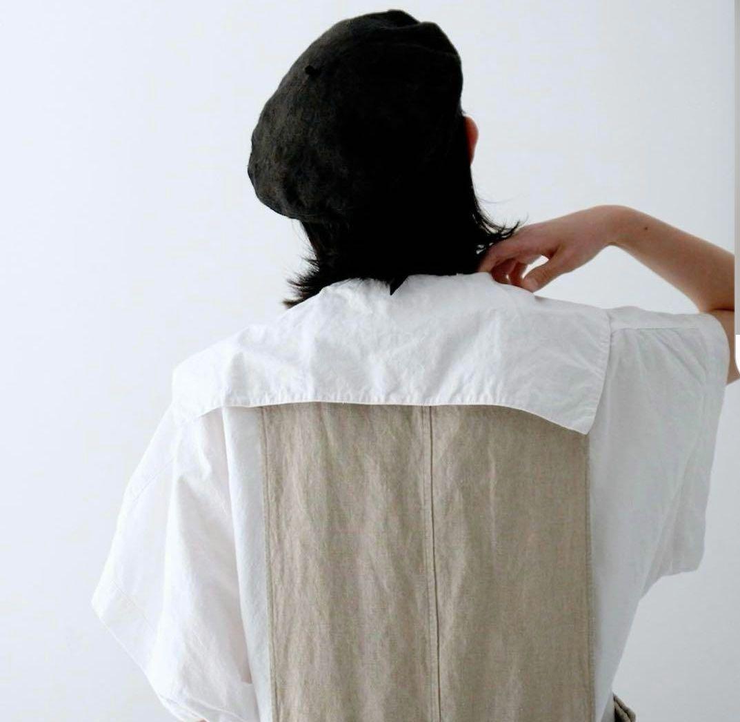 美品　ネストローブ　コットンリネンマイクロウェザーセーラーブラウス　オフシロ