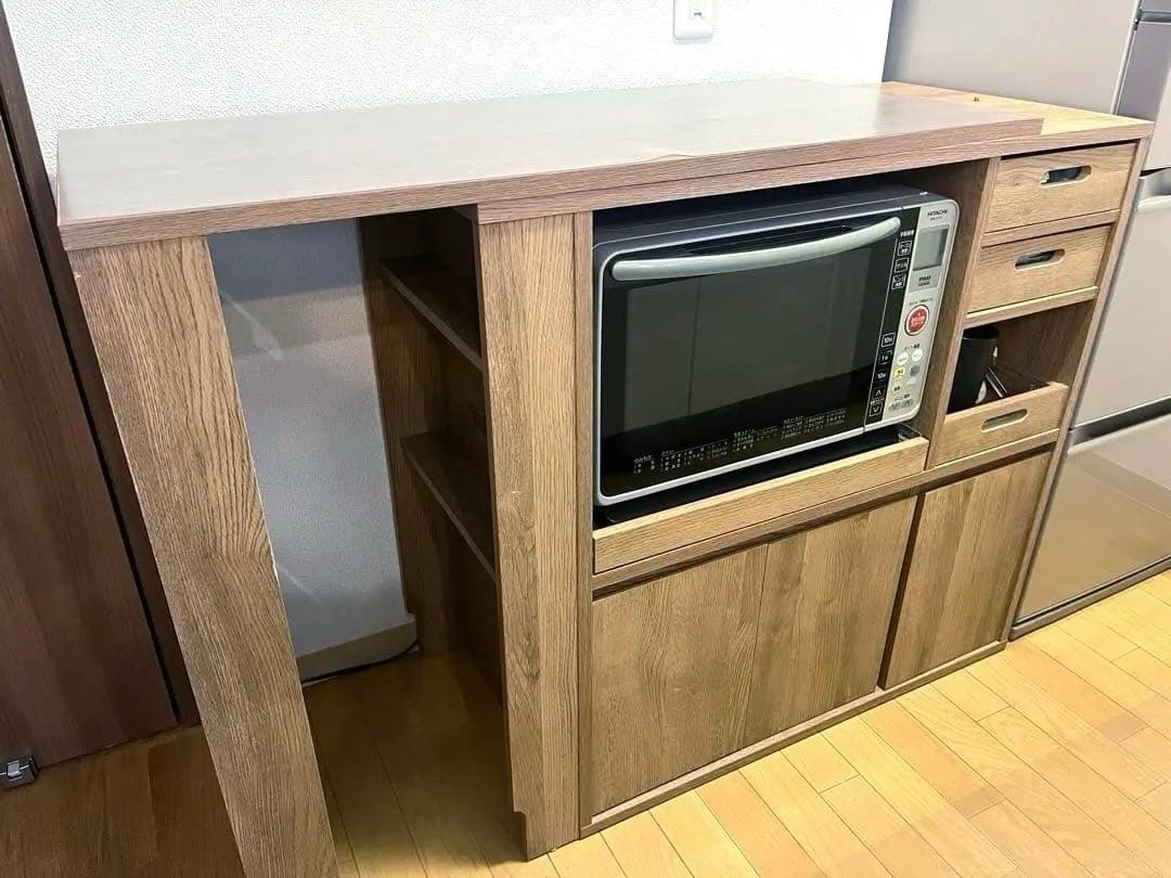 LOWYA 伸縮式キッチンカウンター 食器棚 木目調