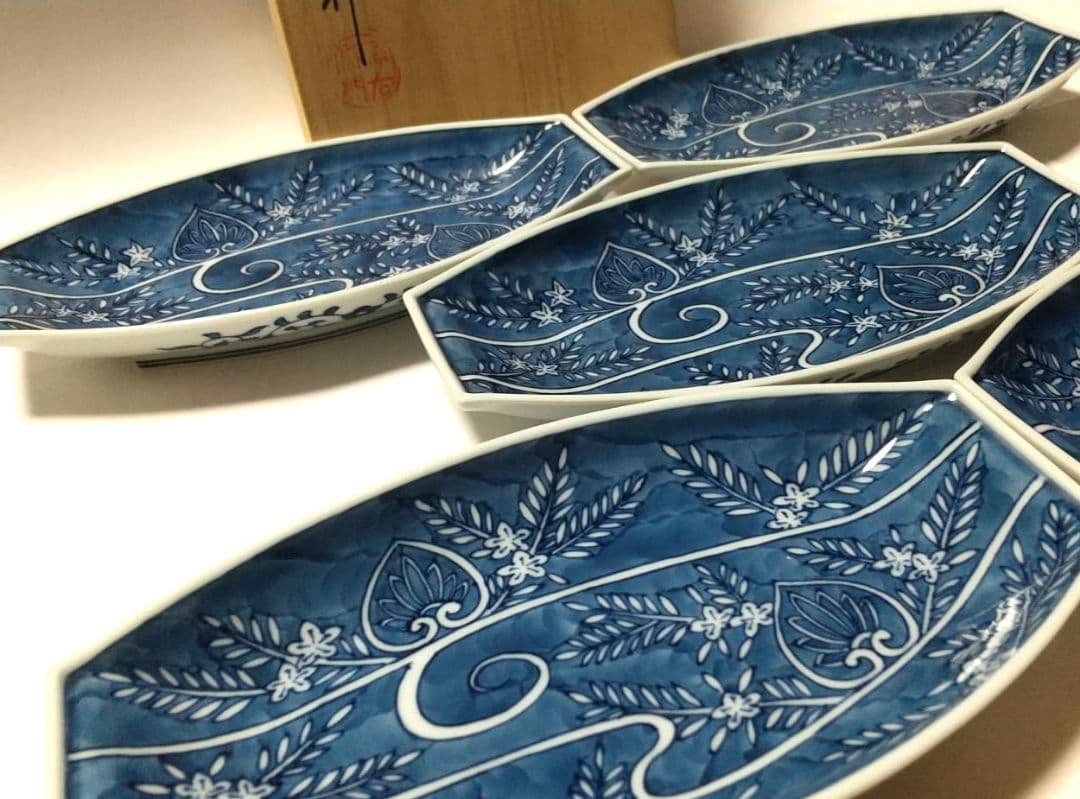 源右衛門窯 染付 流水絵 舟形 皿 5枚組 未使用品