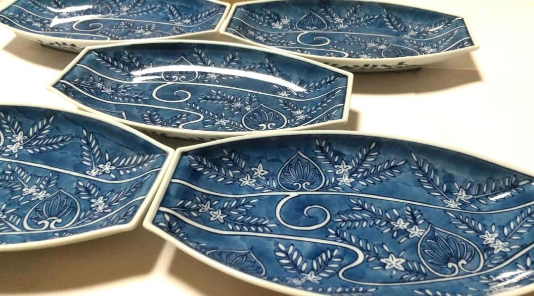 源右衛門窯 染付 流水絵 舟形 皿 5枚組 未使用品