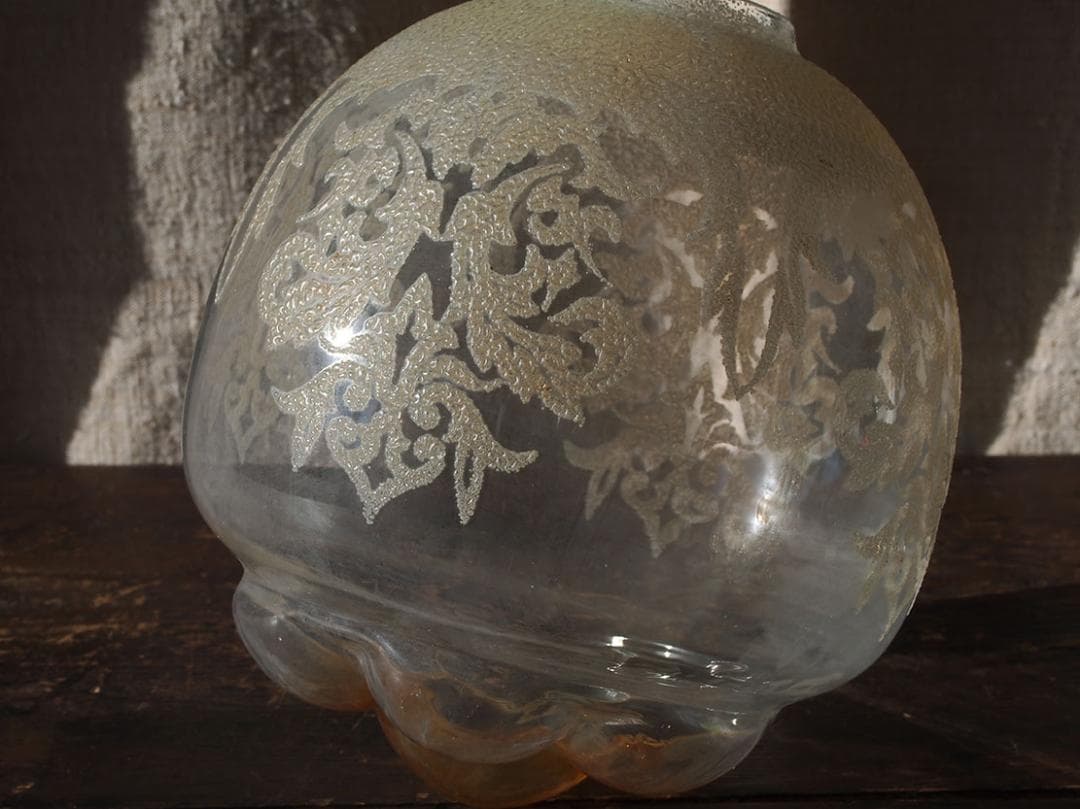 ランプシェード電笠 薄オレンジ クリアーに植物模様 ミッドセンチュリー/K402