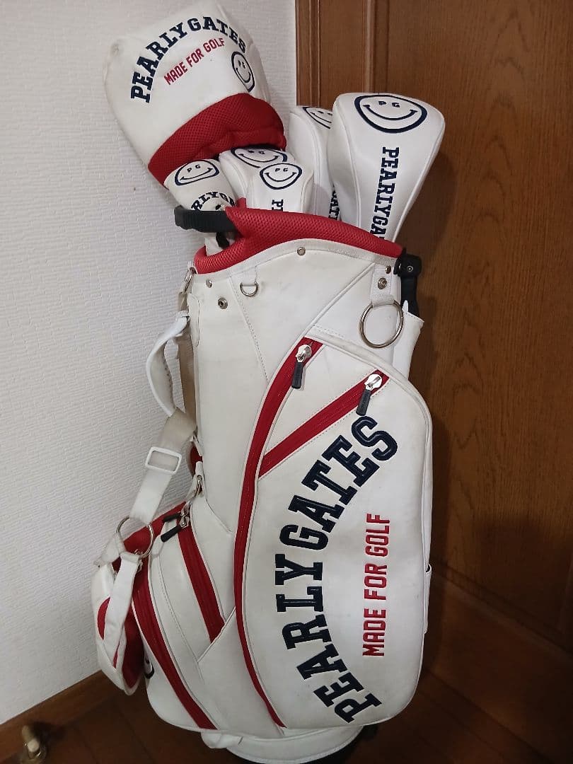 PEARLY GATES ゴルフバッグ ホワイト/レッド/ヘッドカバーフルセット