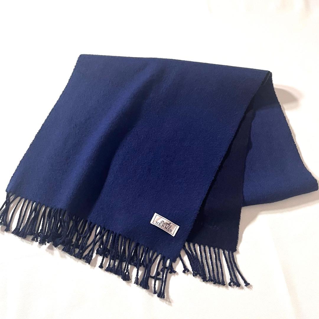 【美品】HERMES/エルメス　マフラー　ロゴ刺繍　2WAY　ブルー×ネイビー