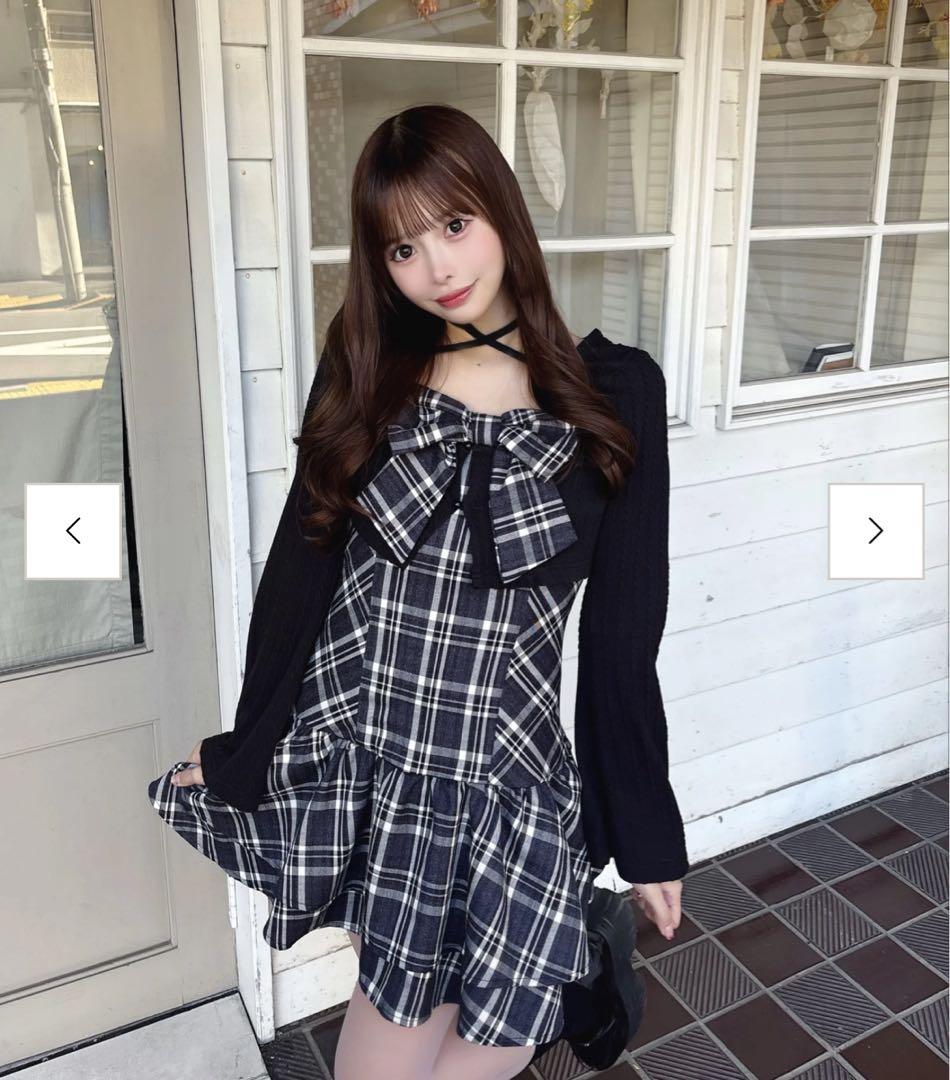 one way リボンアンサンブルワンピース ブラック チェック