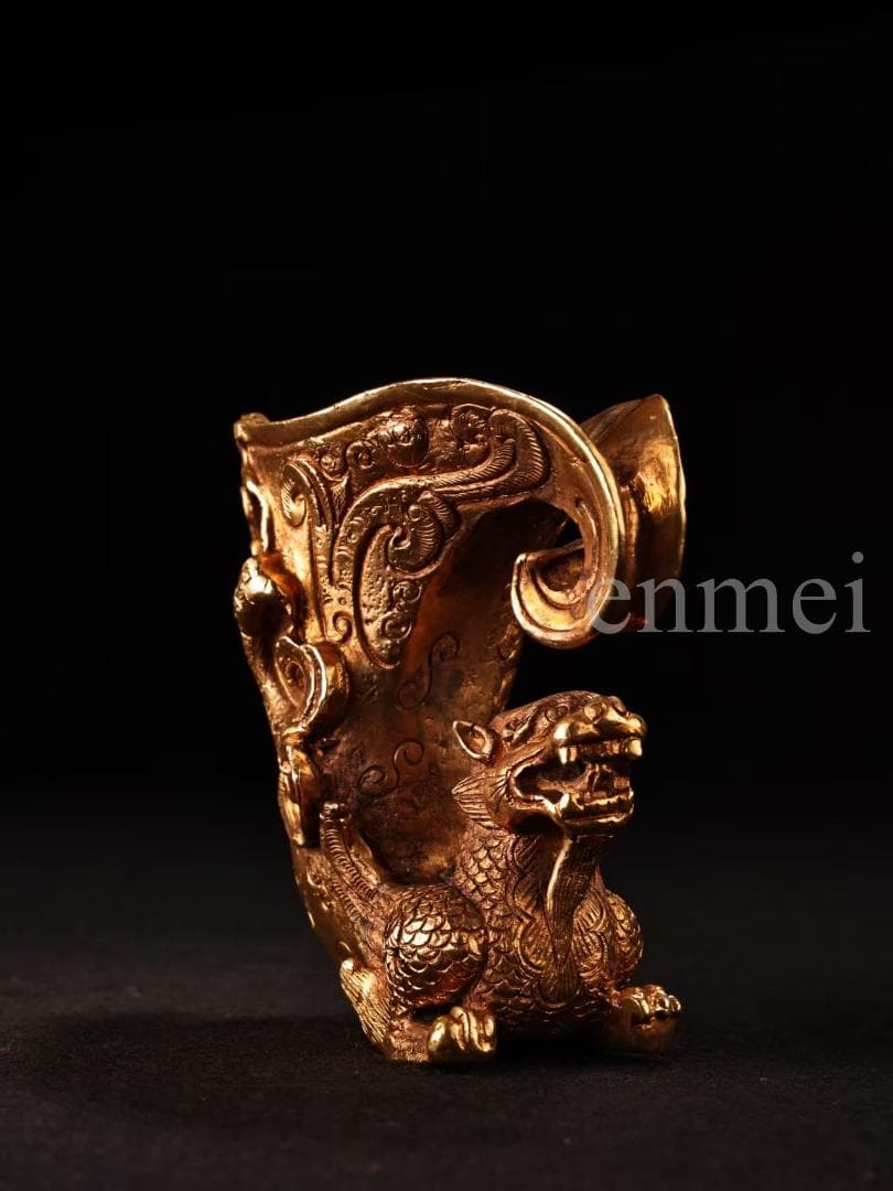 中国古美術・旧藏珍品・唐代風龍紋高浮彫・鎏金銅製酒器・酒具・純銅製・置物・風水