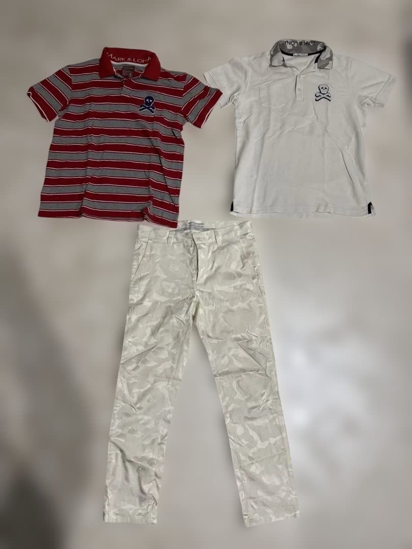マークアンドロナポロシャツ2枚と白スカル迷彩パンツ1枚の3点セット
