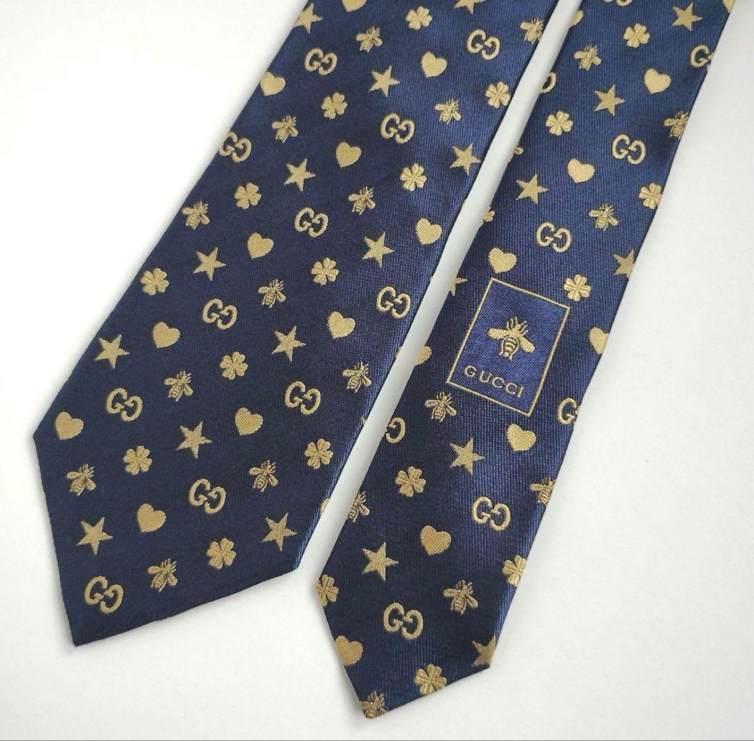 美品 グッチ ネクタイ GG ビー ハート スター ジャガード