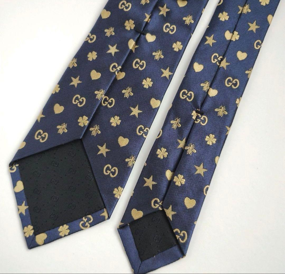 美品 グッチ ネクタイ GG ビー ハート スター ジャガード