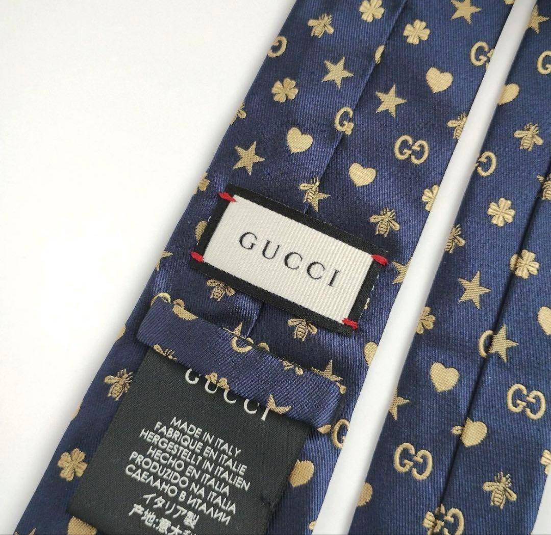 美品 グッチ ネクタイ GG ビー ハート スター ジャガード