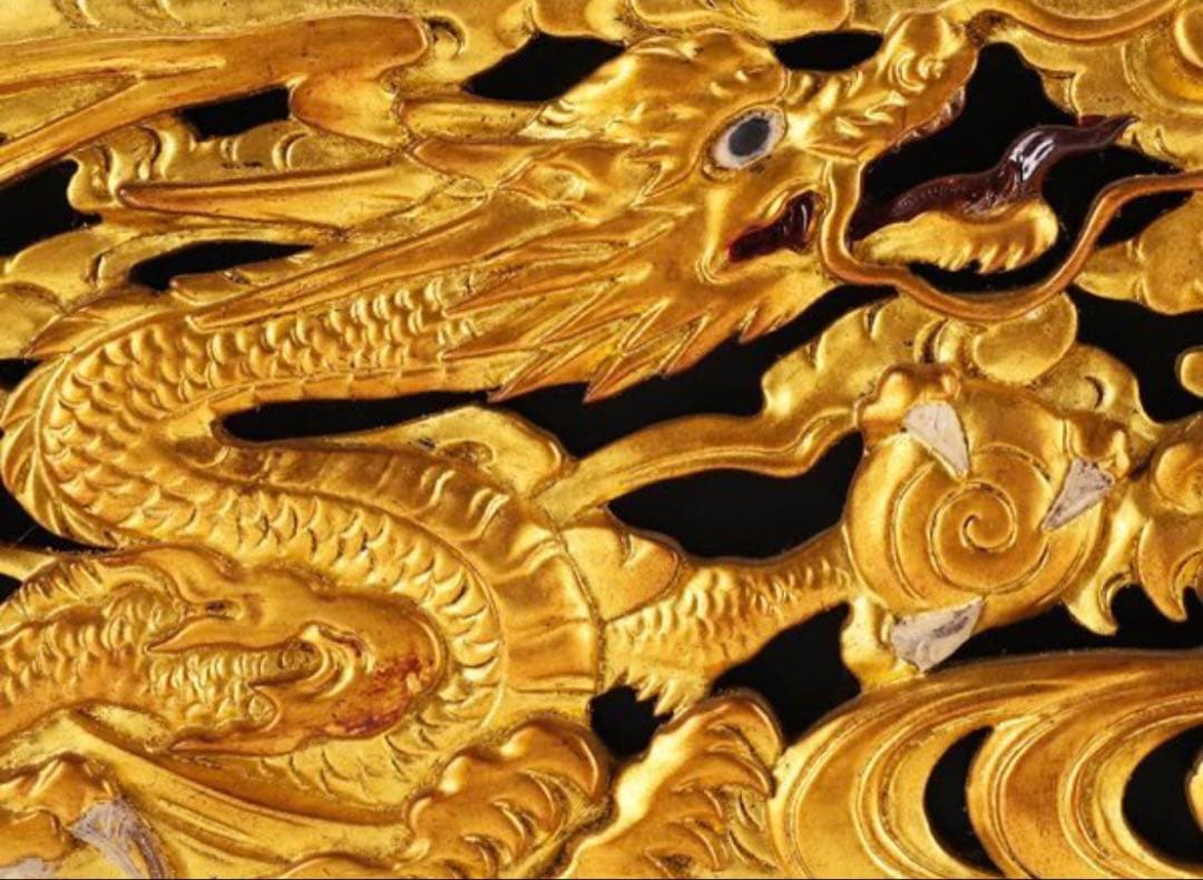 【レア】古美術品 木彫 塗金龍欄間 金彩 双龍彫刻 家紋入