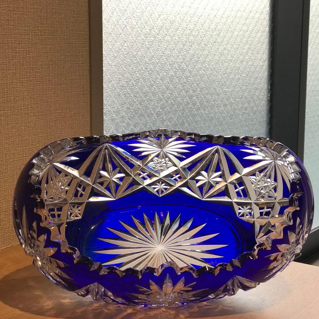 極希少抜群の存在感！サンルイSt Louis美しい青色被せ大型切子鉢★1930年