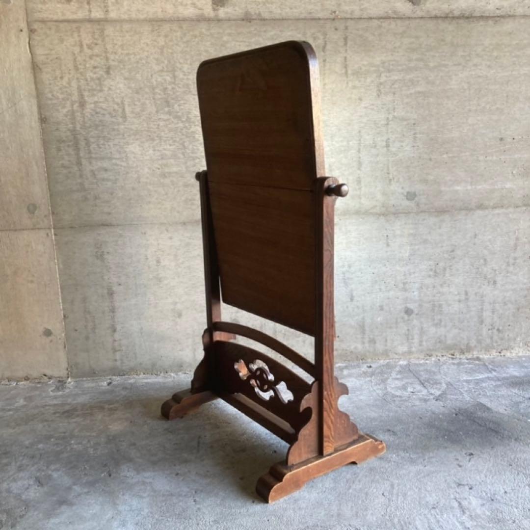 古い鏡台 姿見 ドレッサー スタンド 木製 欅 透かし彫り レトロ アンティーク