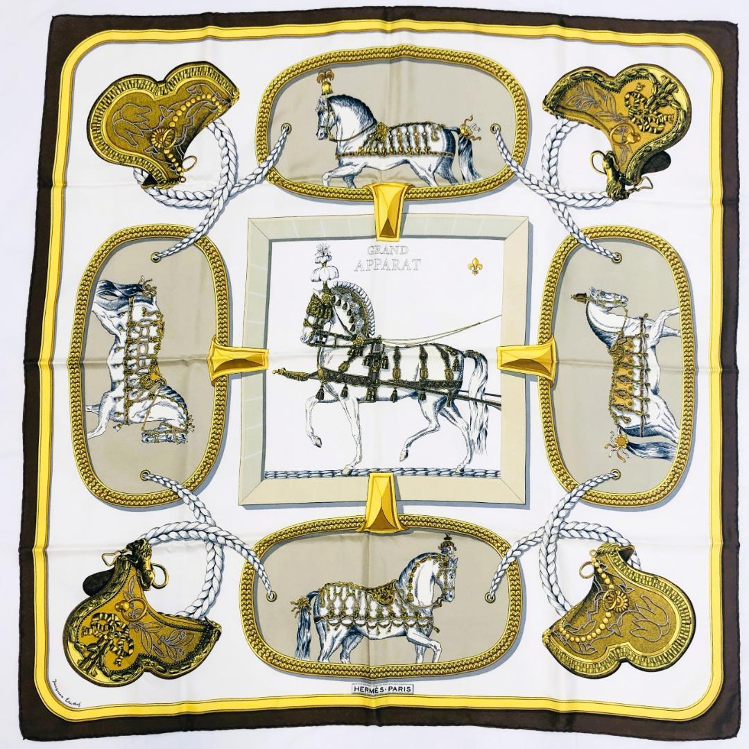 HERMES エルメス カレ90 盛装の⾺ スカーフ ブラウン系 タグ付き