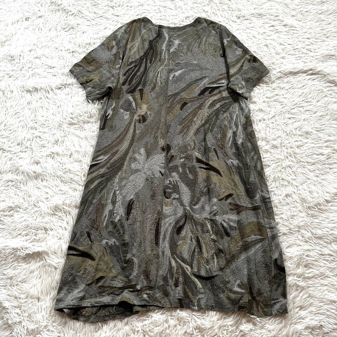 美品✨ババグーリ ボタニカル柄　ジャガード　ワンピース 半袖　ライトグレー