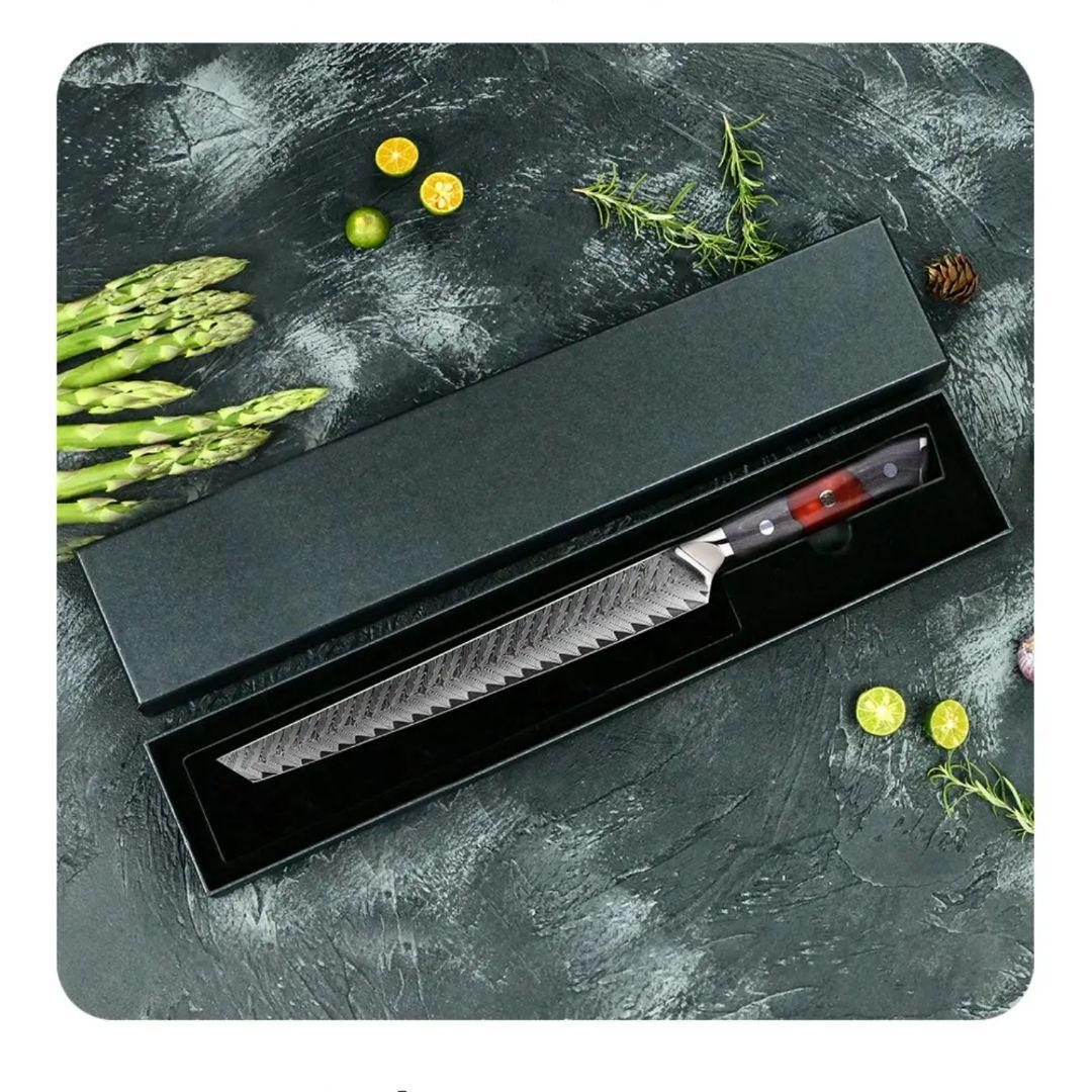 刺身包丁VG10　73層ダマスカス鋼　先丸　筋引き　両刃　柳　刺身　包丁　赤柄