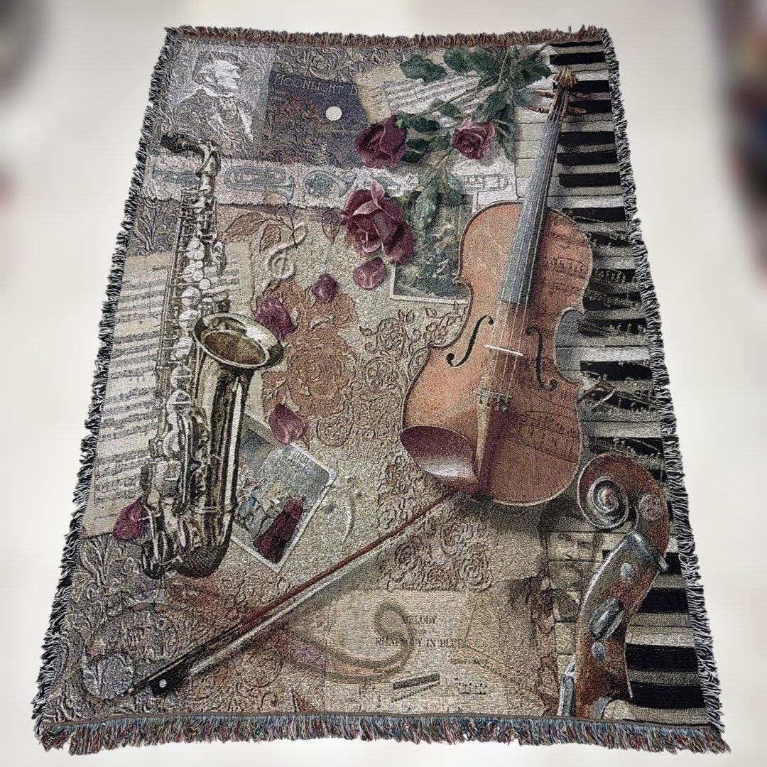 楽器　花　マルチカバー　ソファカバー　ヴィンテージラグ　185x130