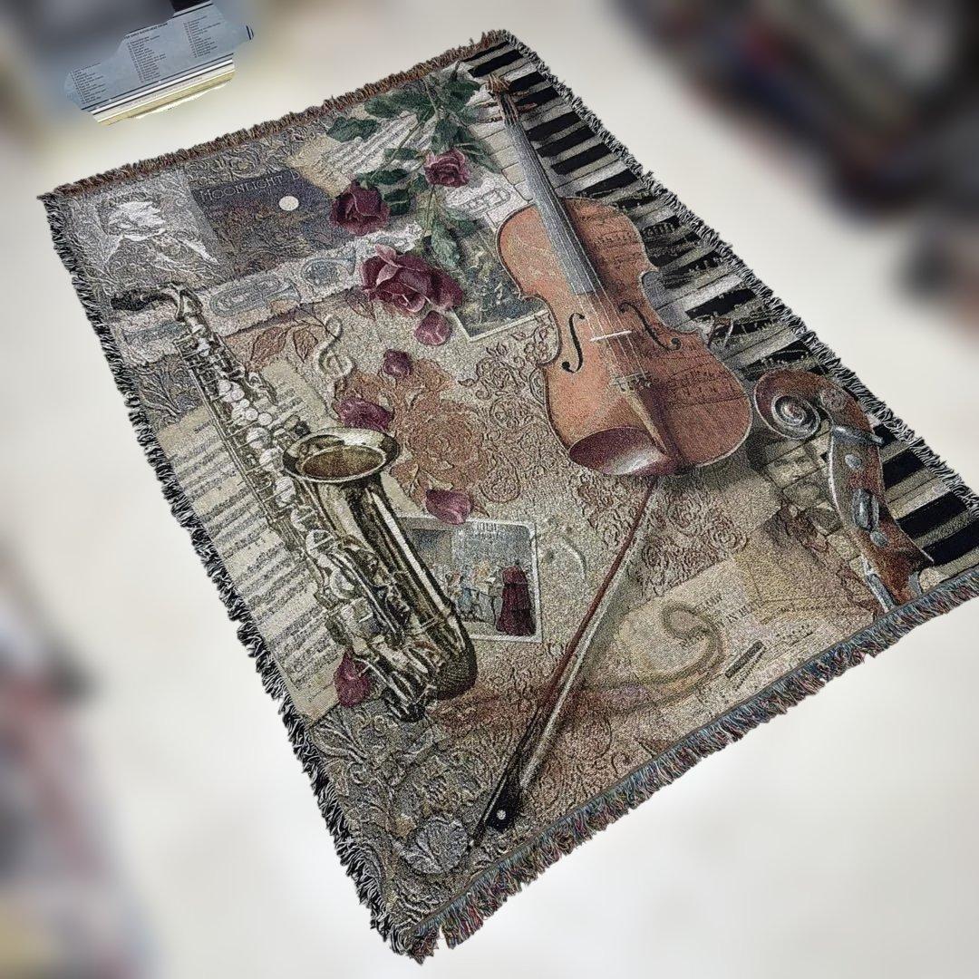 楽器　花　マルチカバー　ソファカバー　ヴィンテージラグ　185x130