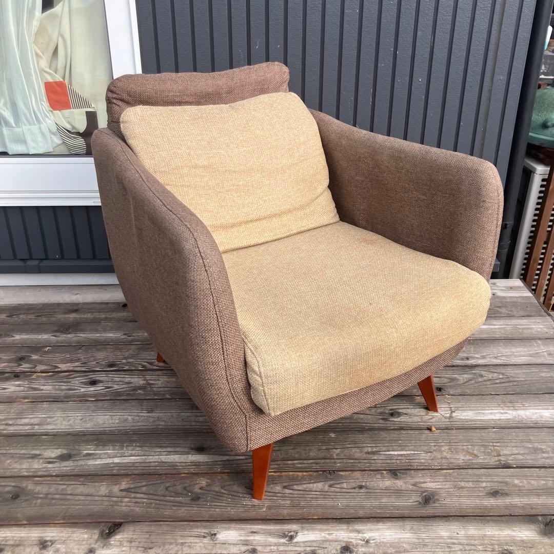 北欧レトロ 東谷 一人掛けソファー アームチェア ブラウンページュファブリック