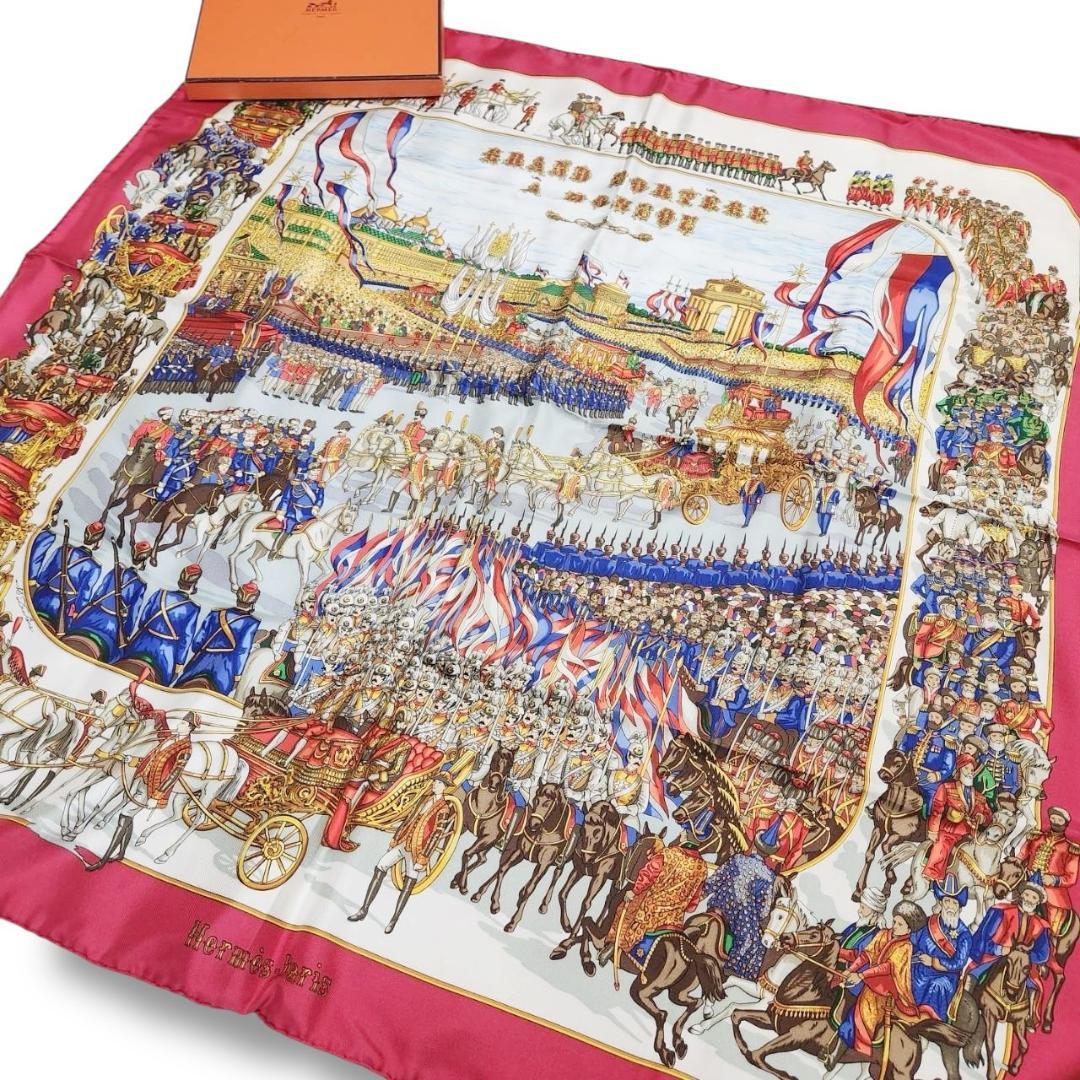 【良品 カレ90】エルメス 大判スカーフ《モスクワ大行進》馬車 兵隊 タグ付き