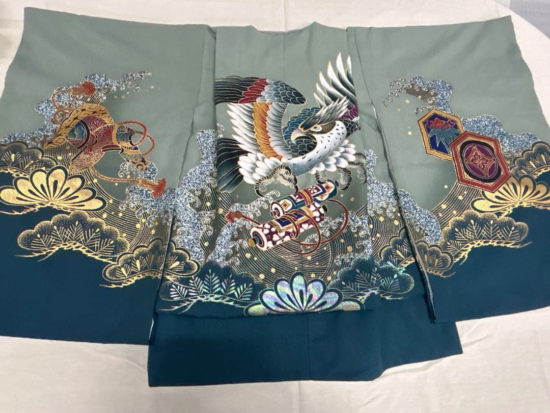 七五三:7歳の男の子用3点セット着物羽織常備メントグリーンのグラデーション