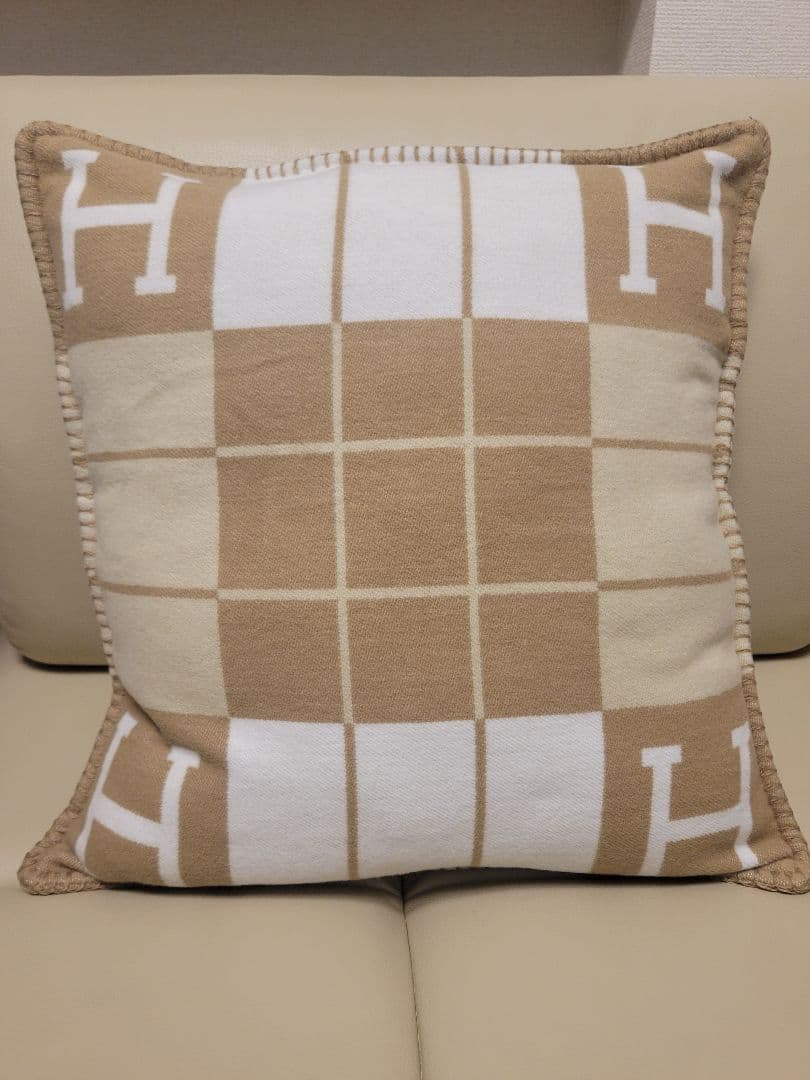 エルメス　クッションカバー　キャメル　45×45　チェック
