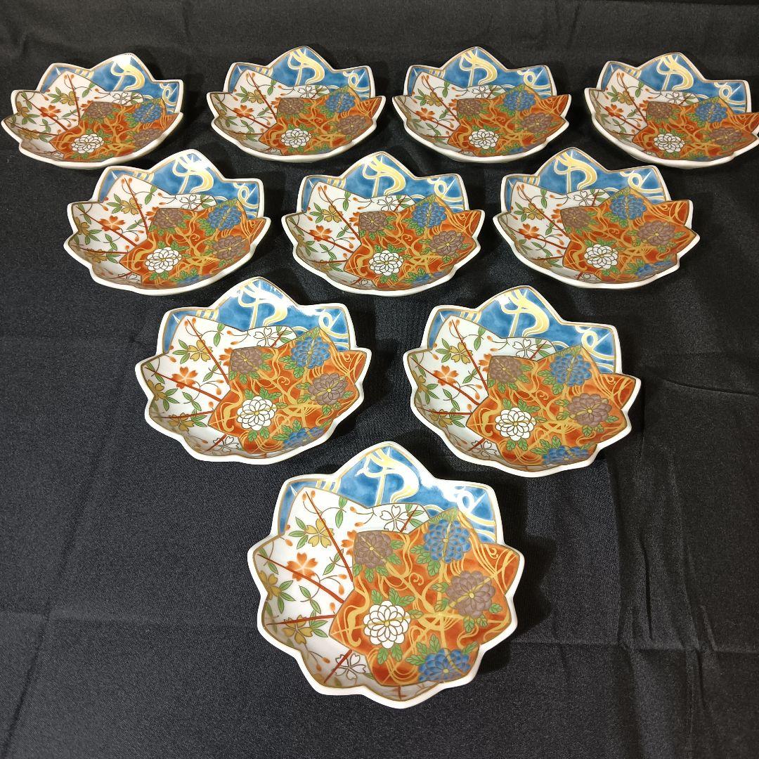 美濃焼　龍峰　金彩　色絵　楓型　小皿　10客　花文
