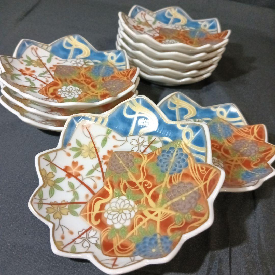 美濃焼　龍峰　金彩　色絵　楓型　小皿　10客　花文