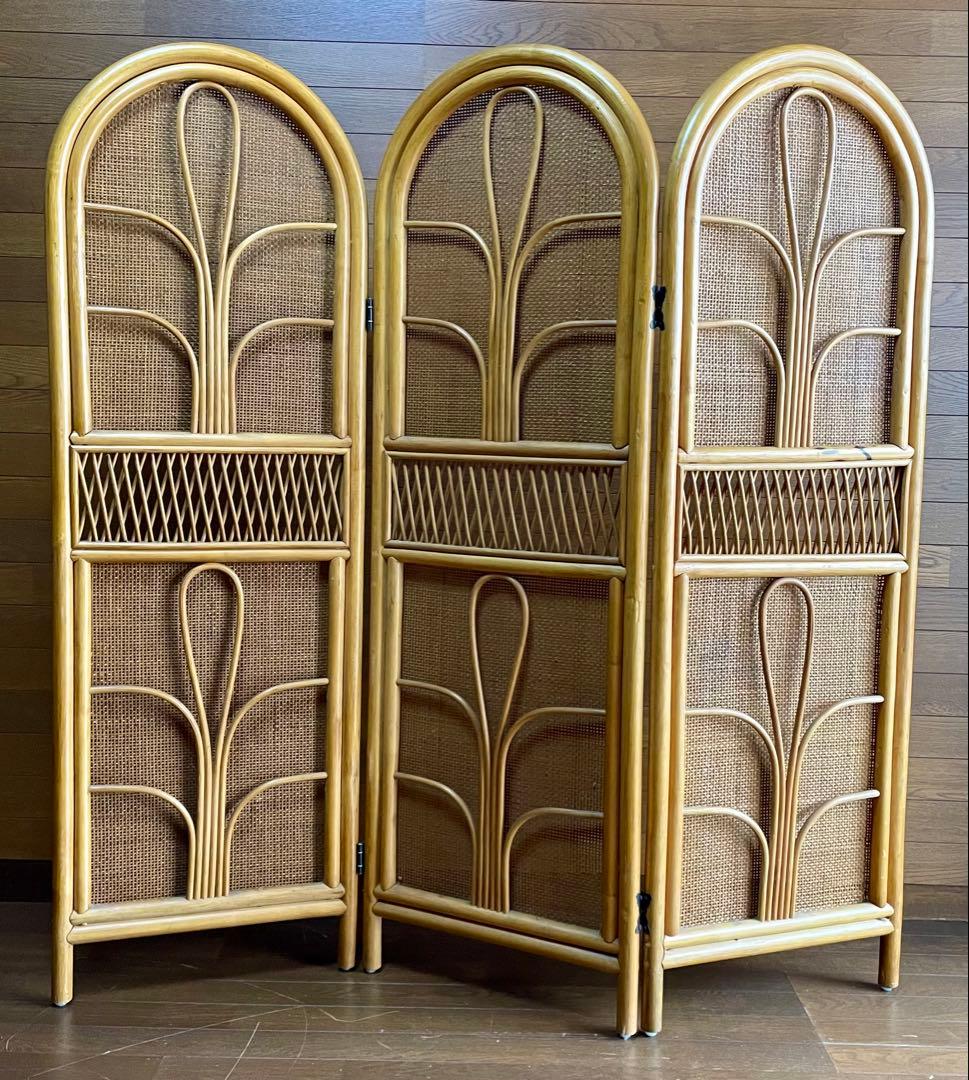 3連 パーテーション ラタン 籐 木製 ウッド 間仕切り ついたて　昭和レトロ