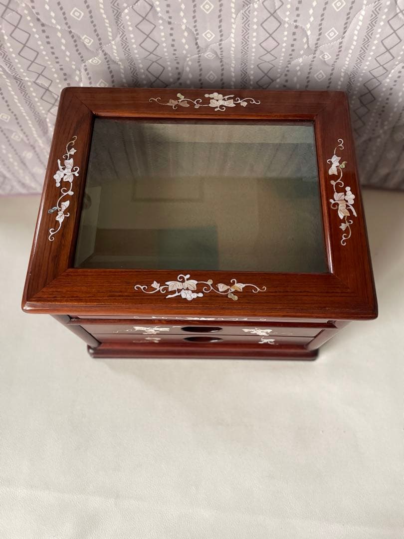 花梨 螺鈿細工 2段小引出し ショーケース ガラスケース 唐木 無垢 貴重品収納