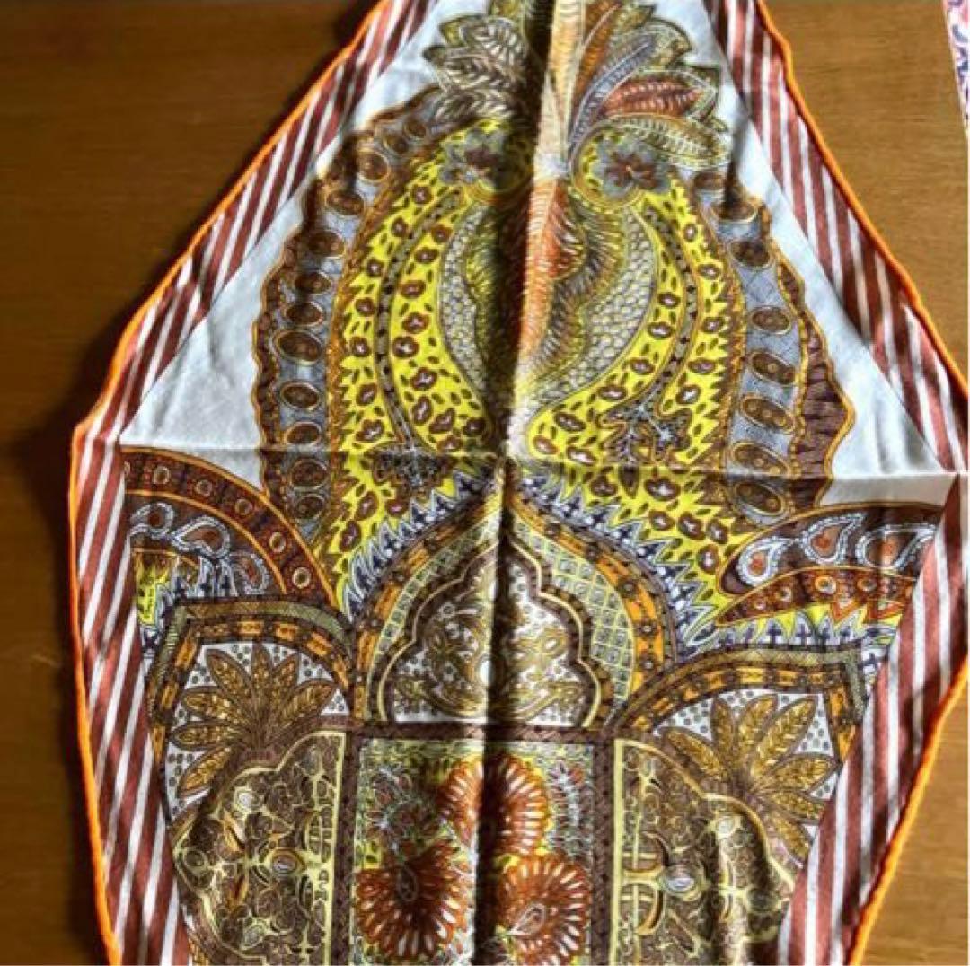 美品HERMESロサンジュ菱形ペイズリースカーフカシミアシルクオレンジ黄茶白稀少