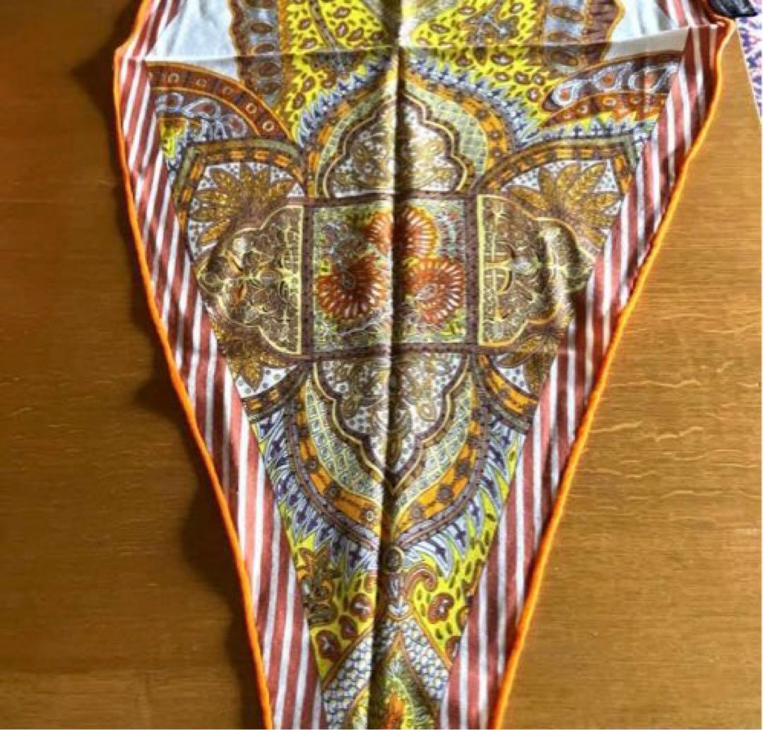 美品HERMESロサンジュ菱形ペイズリースカーフカシミアシルクオレンジ黄茶白稀少