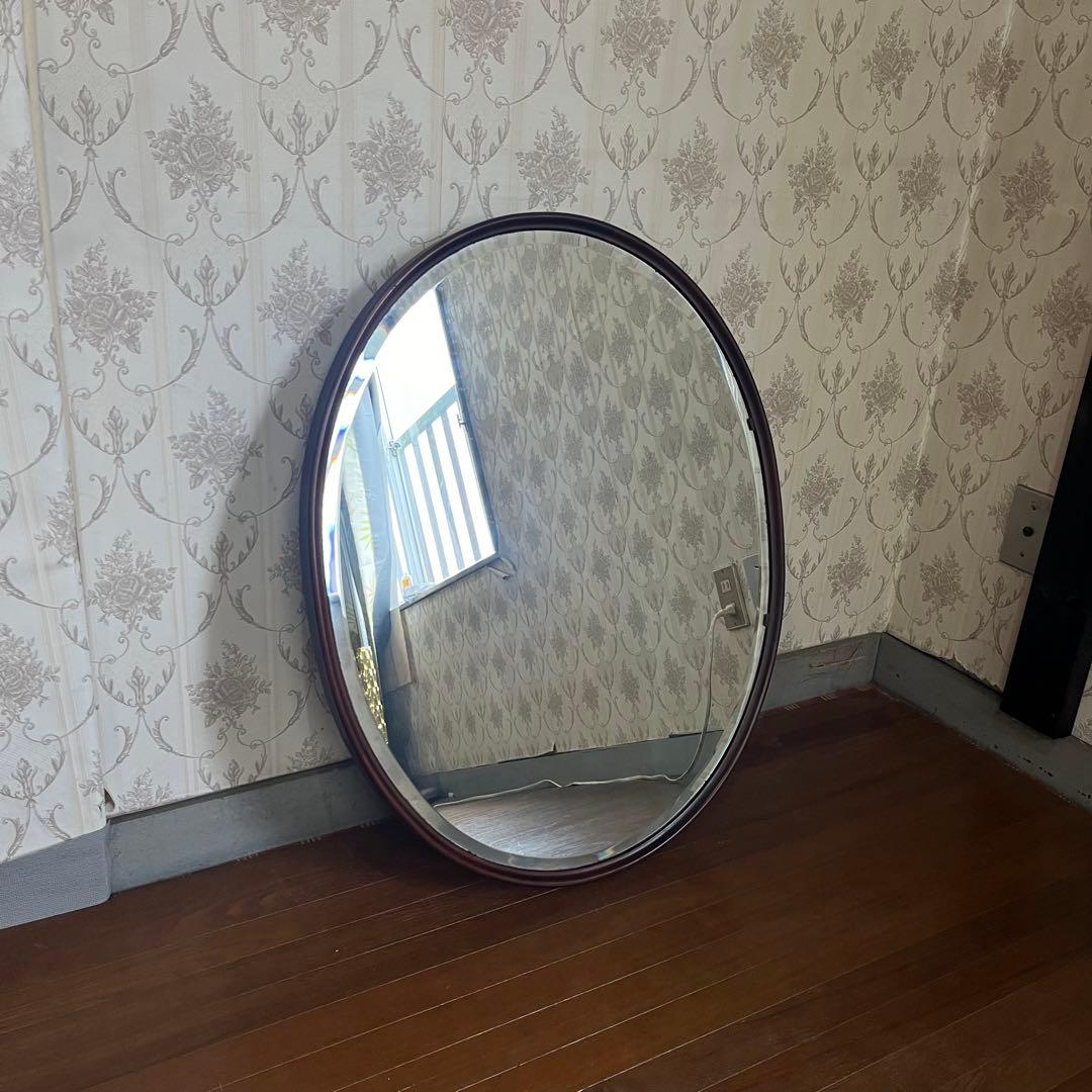 【アンティーク】楕円形 木枠 立て掛け鏡 スタンドミラー 姿見 北欧レトロ