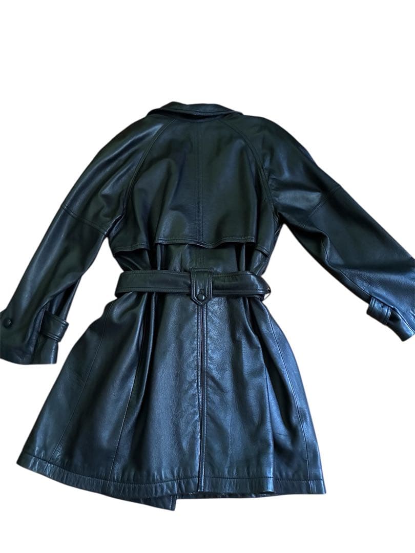 ブラックレザー トレンチコート ベルト付き　イタリア製羊皮トレンチコートM〜L