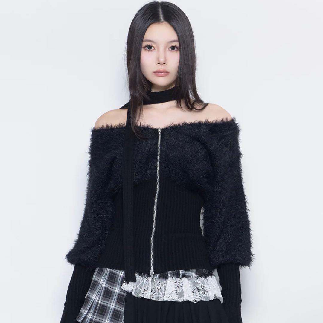 トップス theredthread S contrast zip knit black