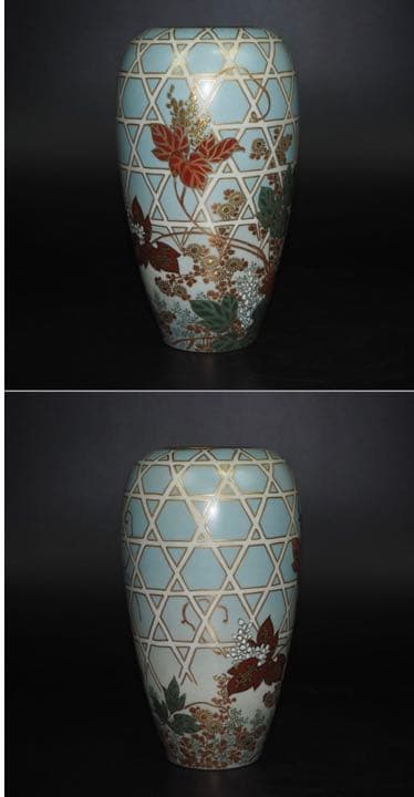 送料無料　明治～大正時代『九谷福栄』造 四季花図花瓶 共箱　高さ18ｃｍ