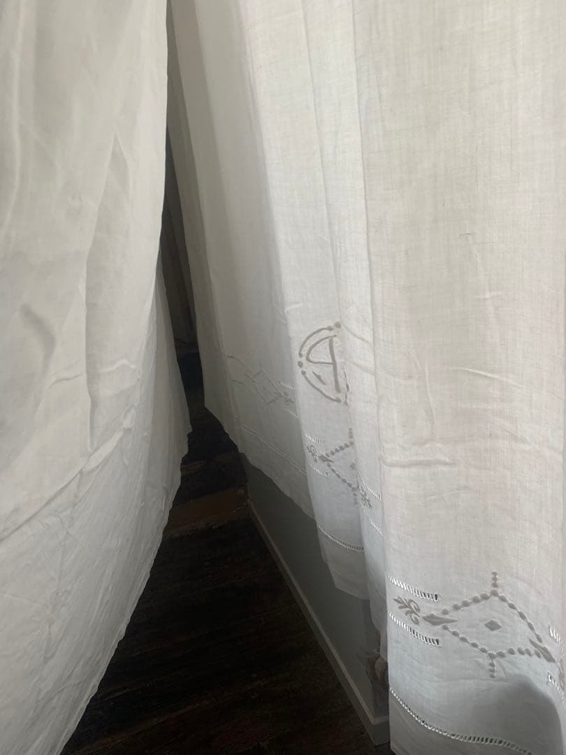 フランスアンティーク 薄手コットン 超大判一枚布 3.1x2.2m 手刺繍レース