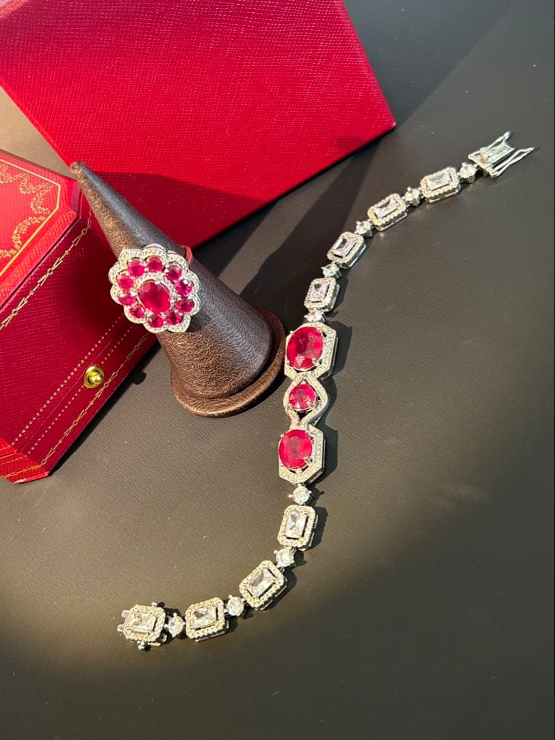 ど*☆様 天然石ルビーデザインリング＆ブレスレットセット