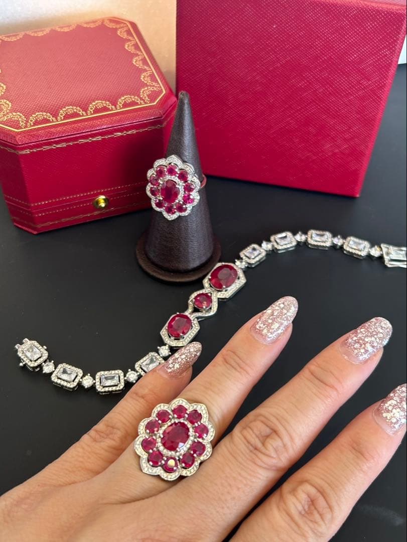 ど*☆様 天然石ルビーデザインリング＆ブレスレットセット