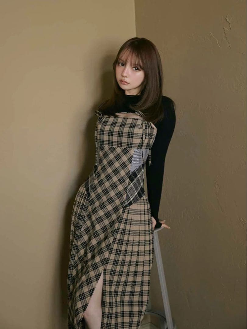 ワンピース Nadia check long dress beige