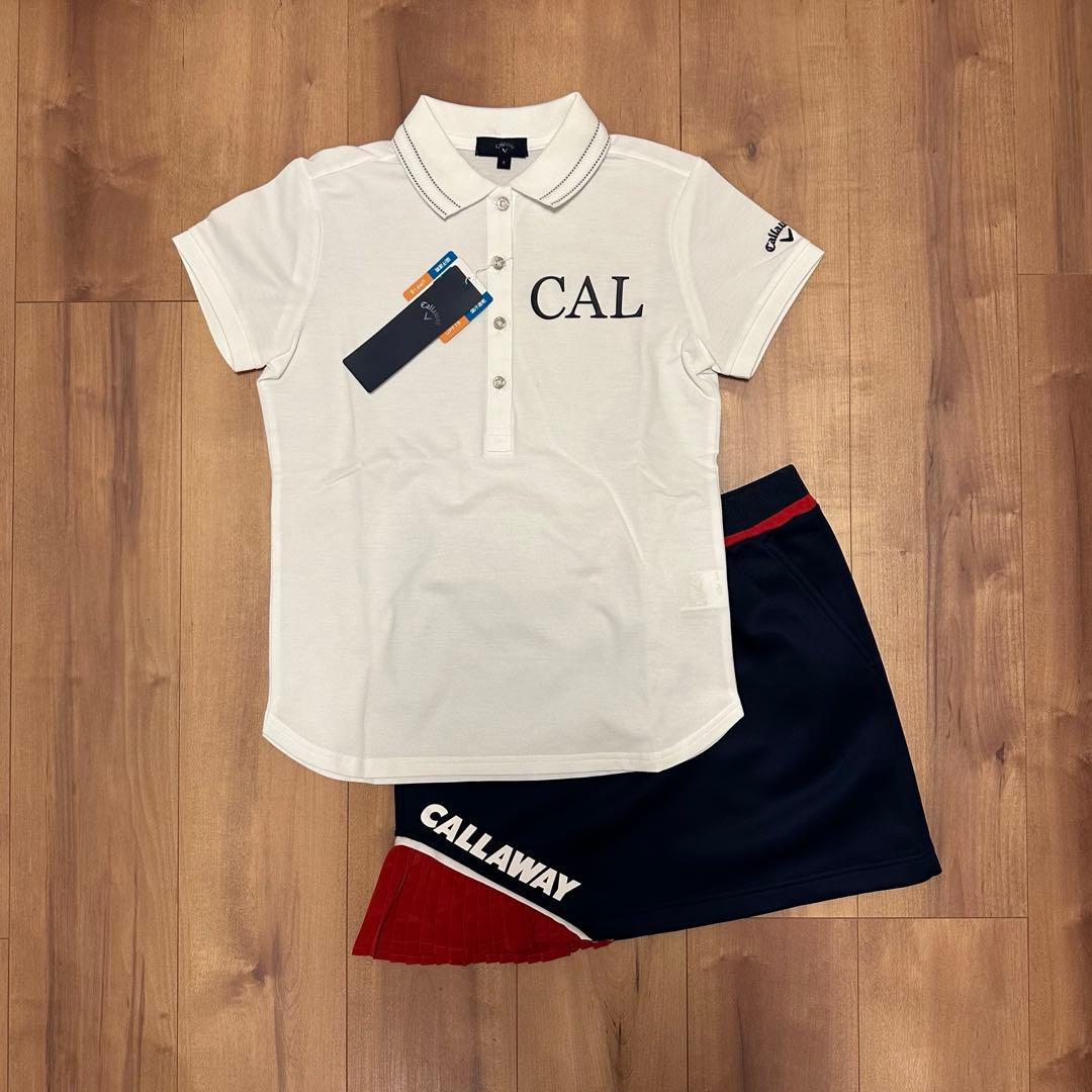 サイドプリーツスカート　半袖　ポロシャツ　春夏　ホワイト×ネイビー　セットアップ