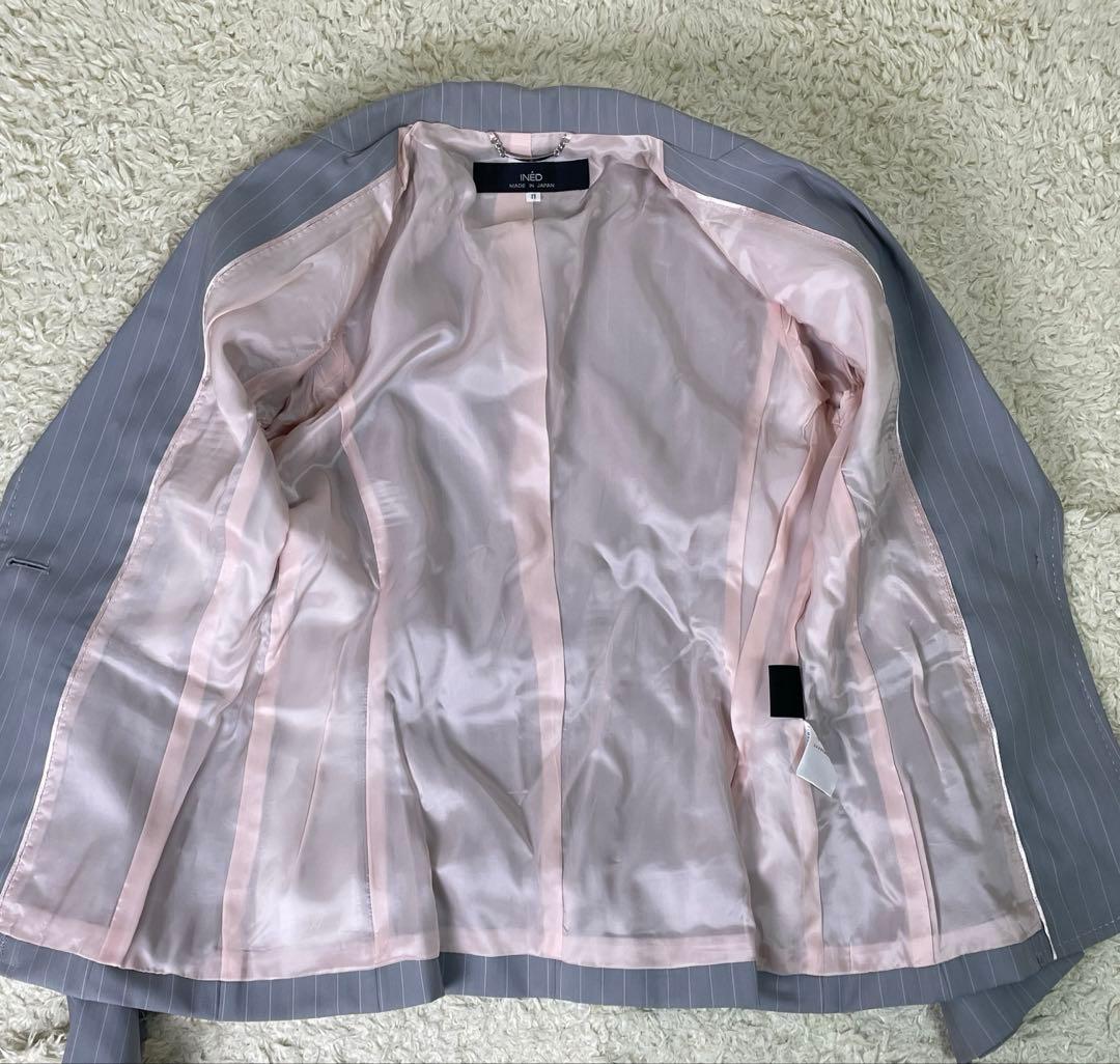 INED レディース　セットアップ パンツ　グレー　ストライプ　11号　日本製