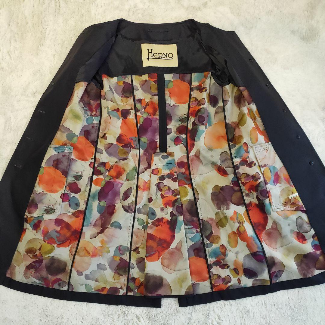 【希少 美品】ヘルノ ノーカラー ステンカラーコート ベルト付 花柄 総裏地