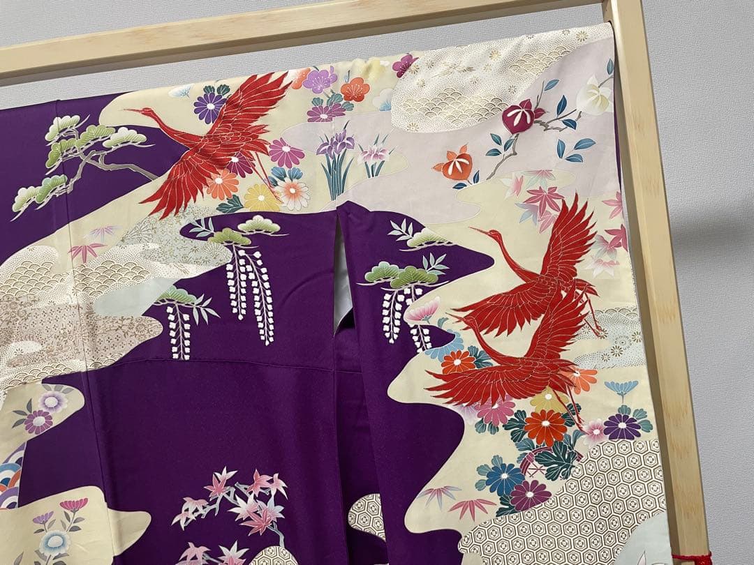 D 振袖襦袢セット 鶴に花々模様 金銀彩 金駒刺繍 正絹 袷 振袖 着物 K12