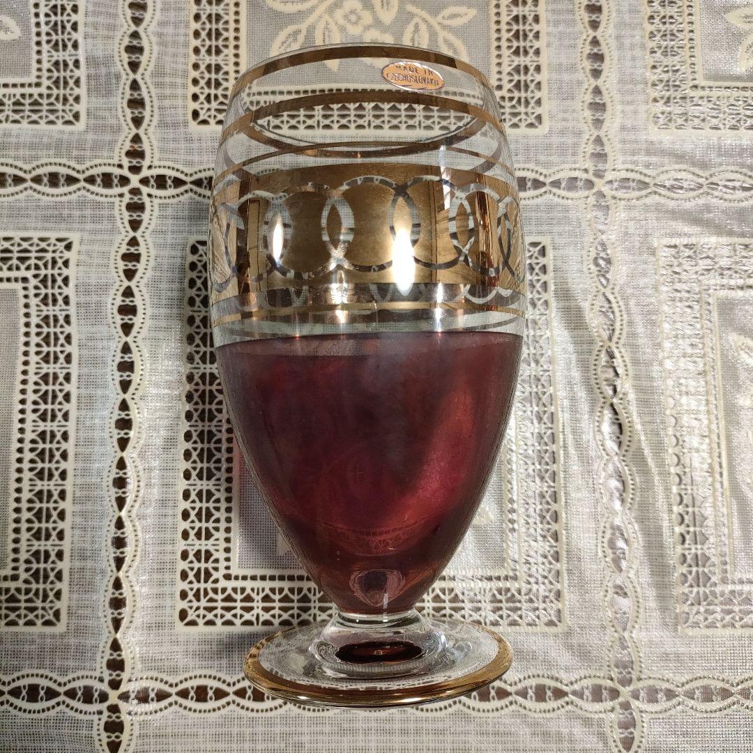 \"未使用\" ボヘミアングラスワインピッチャー＆グラス6客セット、チェコスロバキア