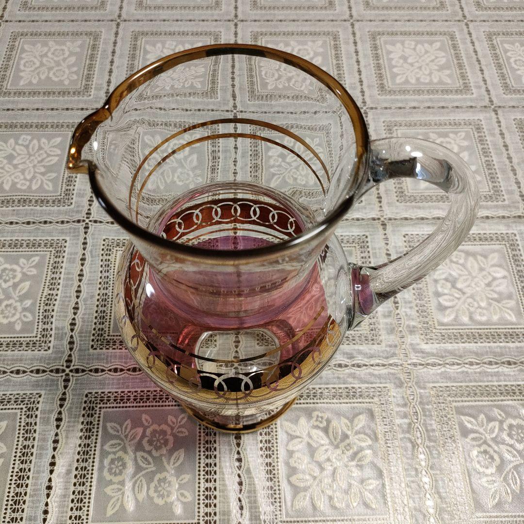 \"未使用\" ボヘミアングラスワインピッチャー＆グラス6客セット、チェコスロバキア