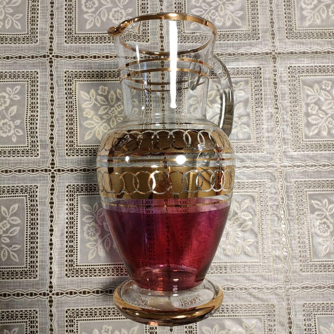 \"未使用\" ボヘミアングラスワインピッチャー＆グラス6客セット、チェコスロバキア