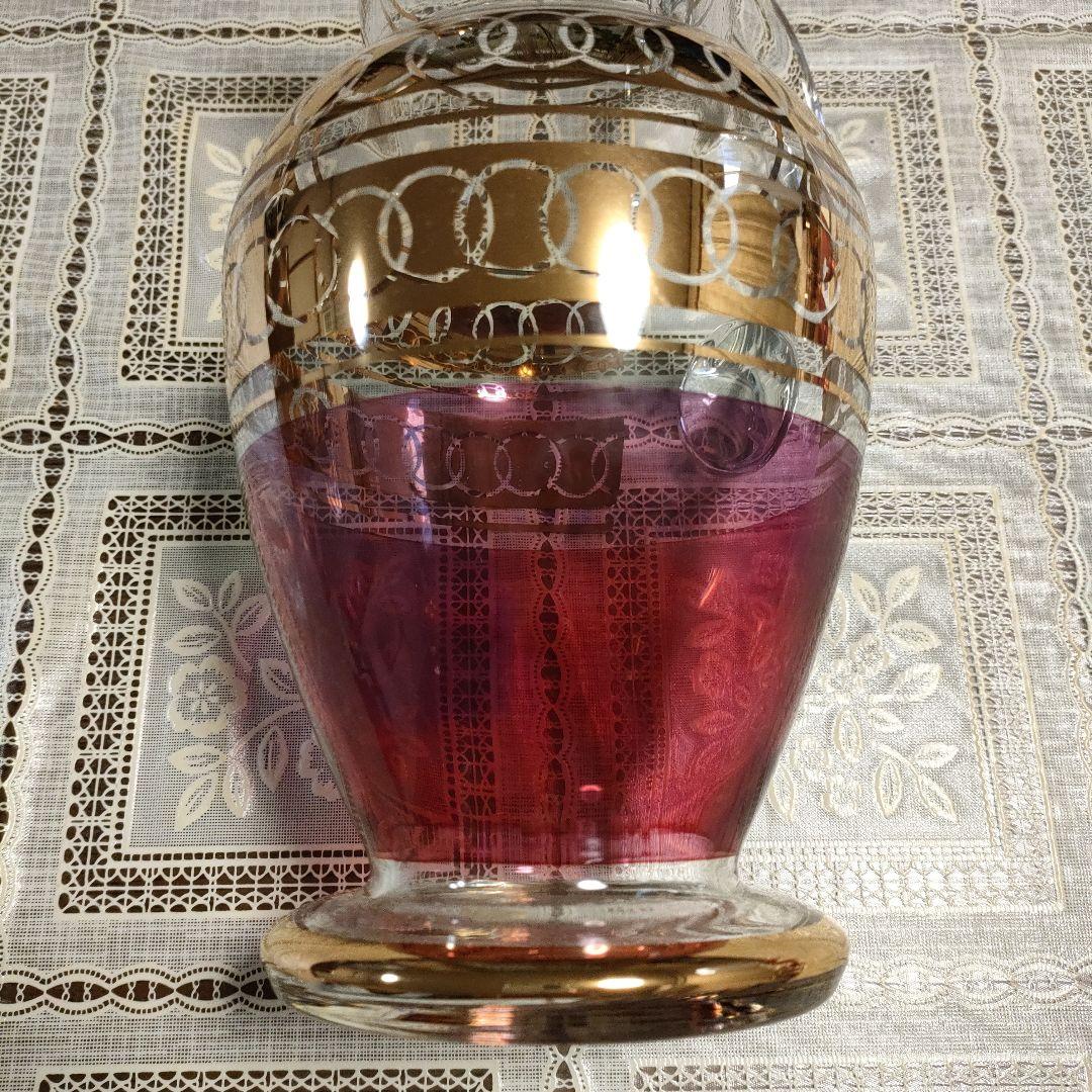 \"未使用\" ボヘミアングラスワインピッチャー＆グラス6客セット、チェコスロバキア