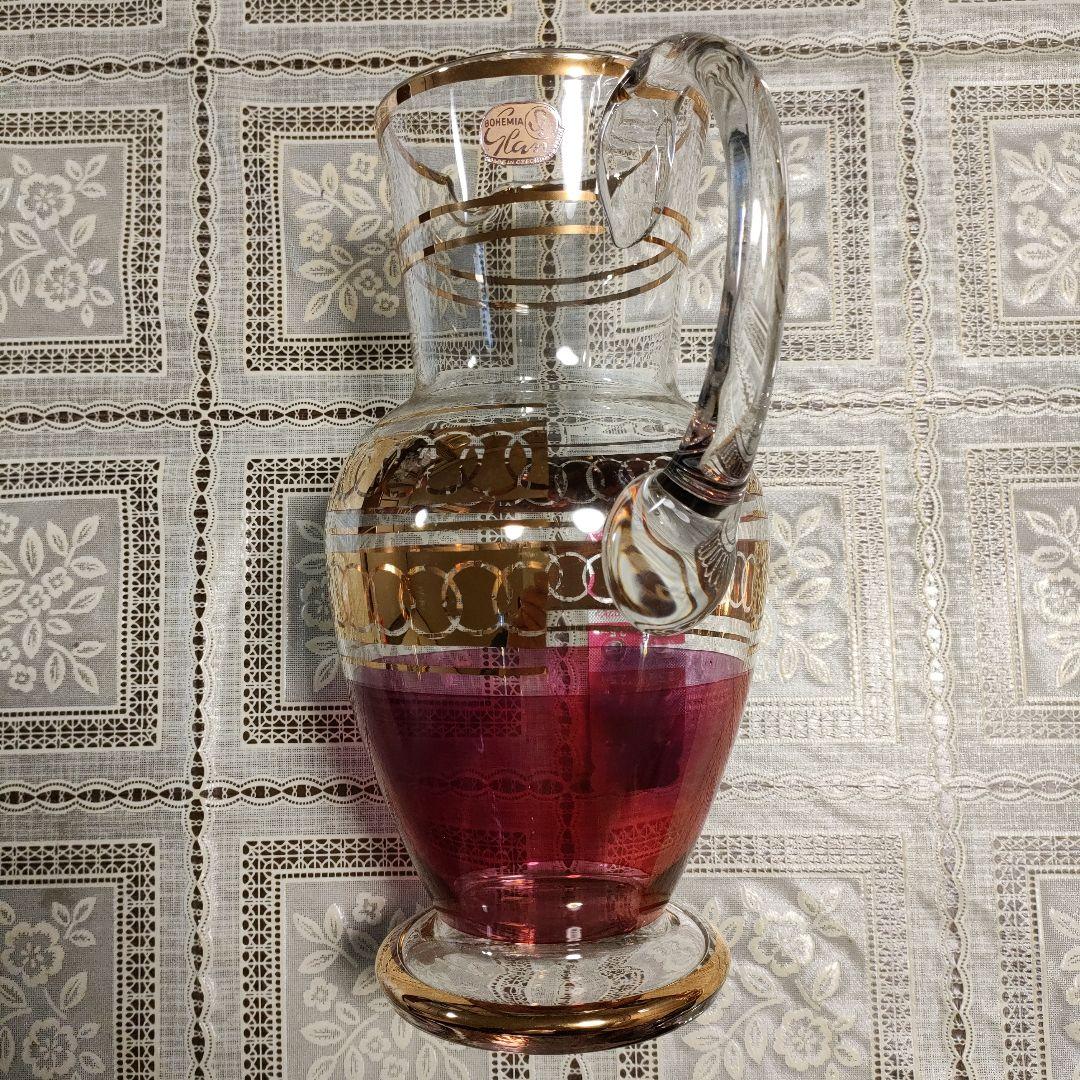 \"未使用\" ボヘミアングラスワインピッチャー＆グラス6客セット、チェコスロバキア