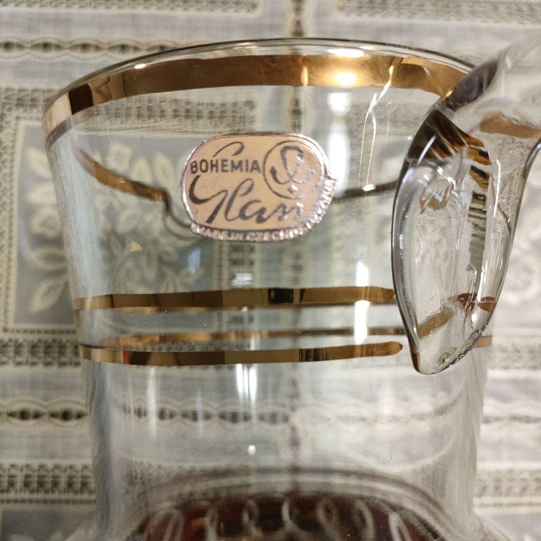 \"未使用\" ボヘミアングラスワインピッチャー＆グラス6客セット、チェコスロバキア