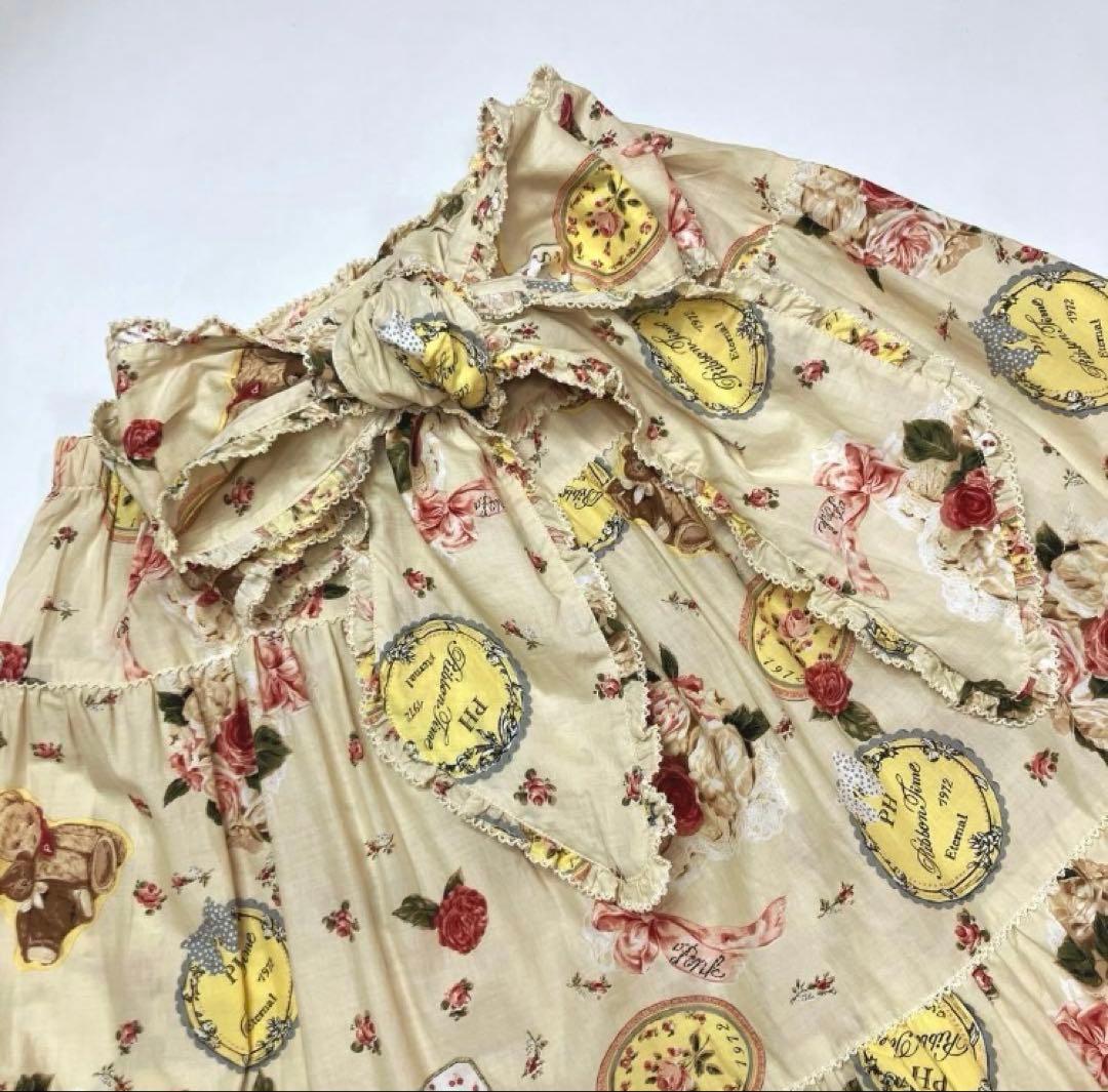 【試着のみ】ピンクハウス 生成 くまちゃんとバラ柄 サッシュリボン付きスカート